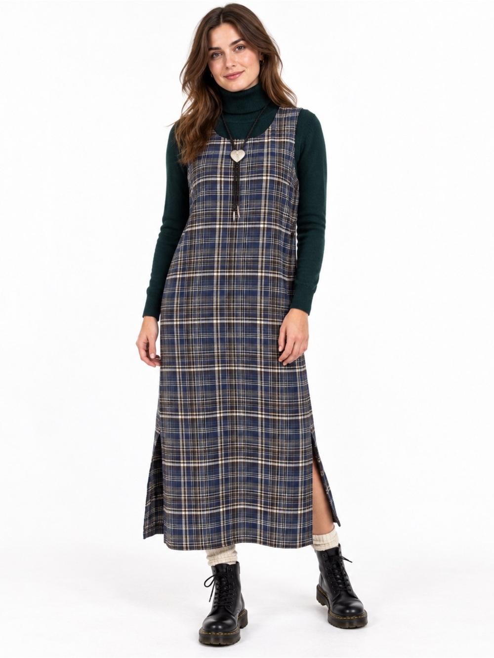 Vintage 90s East West Plaid Cotton Maxi Jumper Dress Made in Nepal Size Large